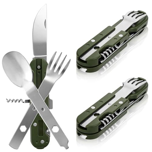 Image of flintronic 5-in-1 Camping Utensils Set, Camping Cutlery Contains Fork, Knife, Spoon, Built-In Bottle Opener, Wine Opener & Storage Bag for Travel Outdoor Picnic Office School (2 Pieces)