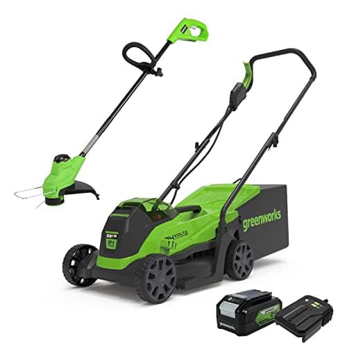 Image of Greenworks Electric Lawn Mower 24V 33cm 30L Grass Catcher Box GD24LM33 and Cordless Grass Trimmer 25cm G24LT25 Auto Feed Head incl. 1 Battery 4Ah & Charger