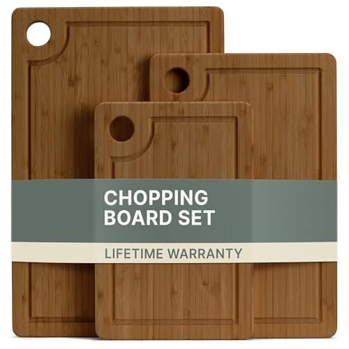 Image of LARHN 3-Piece Carbonised Bamboo Chopping Board Set - 34×22/29×19/24×16-1.5 cm Thick Reversible Wooden Chopping Boards with Juice Groove for Cutting and Slicing Meat, Fish and Vegetables