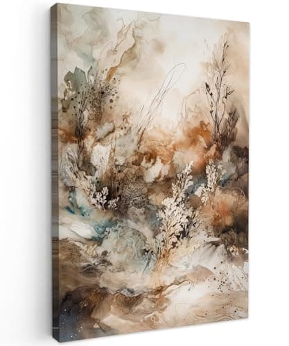 Image of MuchoWow© Canvas Wall Art 24"x35" / 60x90 cm Decor Paintings Prints framed on Canvas Decorations Wallart Abstract - Beige - Paint - Art - Nature - Flowers
