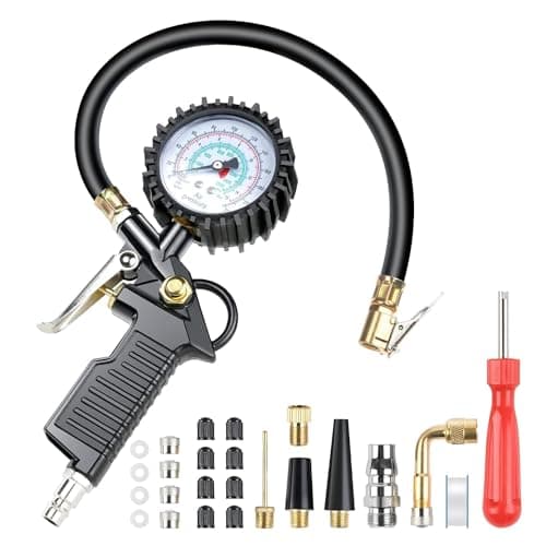 Image of Adiwo Tyre Pressure Gauge, 220 PSI Tyre Inflator, With Rubber Hose, Valve Core Tool, Compressor Accessories, Adapter, Suitable for Compressor Car Motorcycle Bicycle Truck