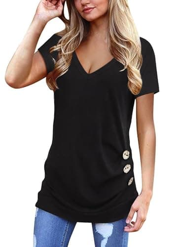 Image of Aokosor Plus Size Black Tops for Women V Neck T Shirts Ladies Summer Short Sleeve Tees Side Button Size 26-28