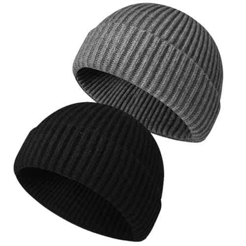 Image of Beanie Hat Men - Fisherman Beanie Trawler Beanie Knitted Cuffed Winter Warm Hat Skullcap Gifts for Men UK (UK, Alpha, One Size, Black+Grey)
