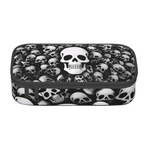 Image of ZHONGSK Big Capacity Pencil Pen Case, Large Pencil Pouch - Black and White Skulls - School Stationery Organizer Makeup Bag with Zip Compartments for Girls Boys Kids Adults Women Men