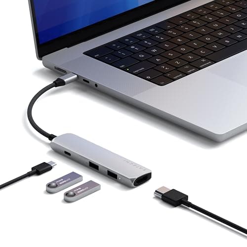 Image of SATECHI 4-in-1 USB-C Hub Slim Plus Multiport Adaptor with HDMI 4K@60Hz, 100W USB-C PD Charging, 2x USB-A Data Ports for MacBook Air & Pro M5 M4 M3, iPad, iPhone, Windows and Type-C Devices – Silver
