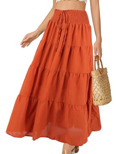 Image of Monbessi Maxi Skirts for Women (with Lining) 2 in 1 Ladies Skirts Elasticated Waist Boho Long Skirt Flowy Skirt for Summer, Vacation, Shopping, Daily(M, Orange)