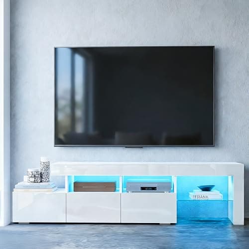 Image of Chebinsiti TV Stand Cabinet with LED Lights, White Gloss TV Unit with 3 Drawers, 2 Open Shelves and 1 Glass Shelf, LED TV Stand Entertainment Center, Gaming TV Cabinet for Living Room Bedroom
