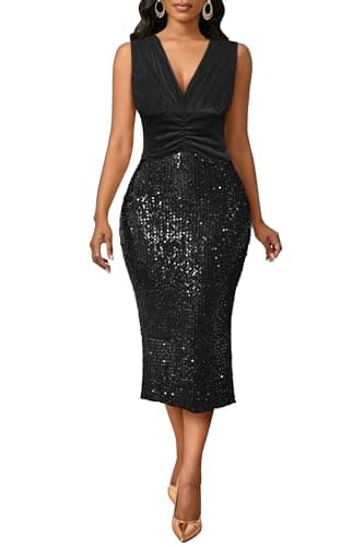 Image of VERWIN Sleeveless V Neck Velvet Top Ruffle Waist Sparkly Casual Party Cocktail Evening Bodycon Midi Sequins Dress XXL Black