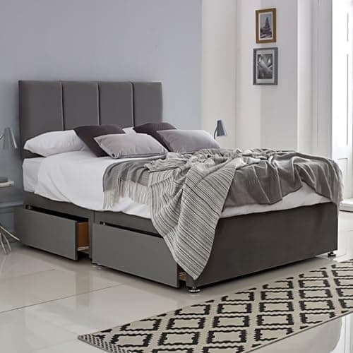 Image of ComfoRest 4 Panel 5FT Divan King Size Bed with storage drawers (x2) – Grey base and 24 inch headboard – sturdy base for all mattress types, easy assembly, UK made