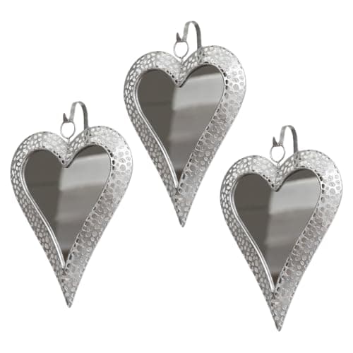 Image of Darthome Set of 3 Silver Heart Hanging Wall Mirrors, Metal Frame, Aged Silver Finish, Decorative Home Bedroom Decor