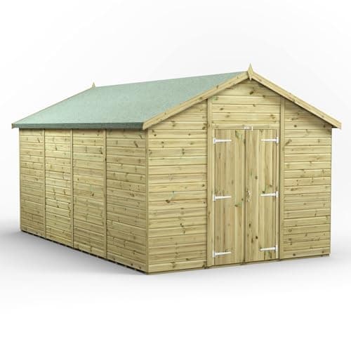 Image of Powersheds High Grade Premium Pressure Treated Windowless Apex Double Door Shed Garden Wooden Shed with Heavy Duty Frame, Galvanised Ironmongery, Throughout made from Extra Thick Timber (16x10)