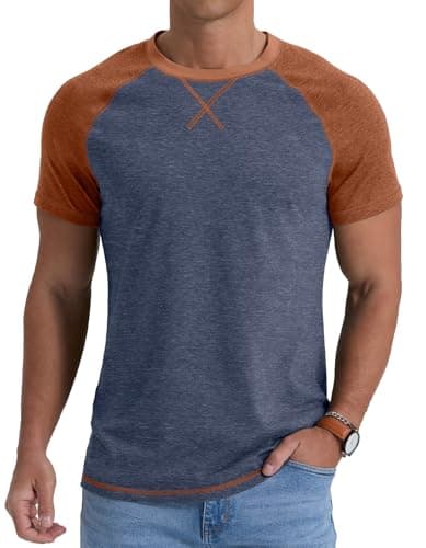 Image of QIXING Mens Tshirt Crew Neck Cotton T Shirt Summer Raglan Short Sleeve Shirt Tops VG Navy Blue XXL