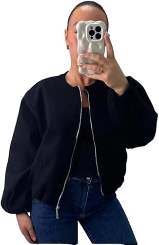 Image of Pretty Attitude Women’s Classic Plain Bomber Zipper Jacket, Ladies Balloon Sleeve Elegant Full Zip Lightweight Winter Warm Short Coats (UK, Numeric, 12, 14, Regular, Regular, Black)