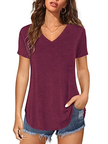 Image of Florboom T Shirts for Women Vneck Short Sleeve Summer Tops Casual Loose Tee, Burgundy 16 18