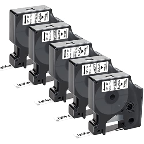 Image of UniPlus 5X Compatible 12mm Label Tape Replacement for D1 45013 S0720530 Labeling Tape - Black on White, Works with D1 LabelManager 160 210D 360D 420P Label Maker