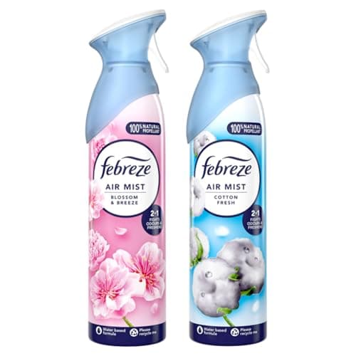 Image of Febreze Air Mist Air Freshener Spray (2 Pack) – Cotton Fresh & Blossom Breeze Variety Bundle – 2-in-1 Odour Eliminator & Room Spray – Water-Based Formula with 100% Natural Propellant – 2 x 185ml