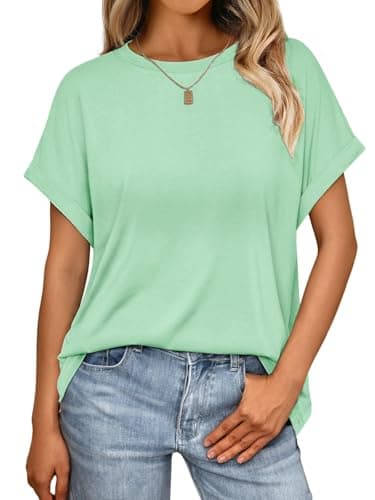 Image of Cuptacc Tee Shirts for Women UK Loose Fit Scoop Neck T Shirt Women Comfortable Lounge Solid Tops Summer Breathable Short Sleeve Tunic Mint Green 8-10