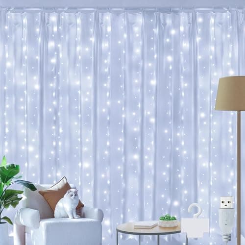 Image of Ollny Curtain Fairy Lights, 200 LED 2m x 2m USB String Light Indoor Outdoor Waterproof Cool White Hanging Window Lights with Hooks, Bedroom/Outside/Wall/Door/House/Garden Decorstions