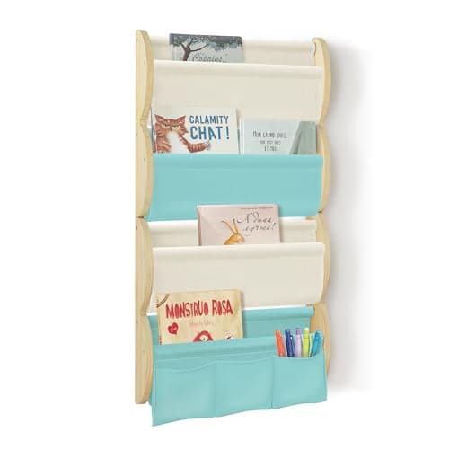 Image of Wooshwa Kids Bookshelf, 4 Tier Wall Mounted Children's Bookcase with 3 Bottom Pockets, Display Floating Book Shelf, Montessori Book Organizer for Nursery Playroom Classroom Kids Room, 81x43x8cm (Blue)