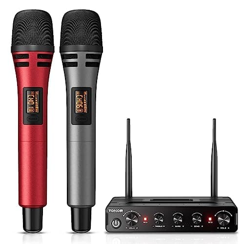 Image of TONOR TW350 Wireless Microphones for Singing,UHF Handheld Dynamic Karaoke Mics& Receiver for Devices with XLR&6.35mm Audio Interfaz, 60 m for Karaoke, Wedding, DJ, Party, Church, TW350 Red&Grey