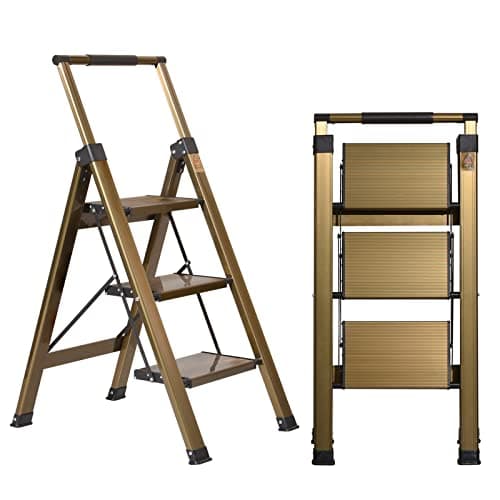 Image of XinSunho 3 Step Ladder, Aluminum Folding Step Stool with Retractable Handrail and Anti-Slip Wide Pedal, 330lbs Safety Household Slim Ladder - Gold