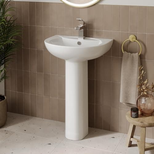 Image of Curved Bathroom Wash Basin Sink Full Pedestal Floorstanding 1 Tap Hole Ceramic Modern Gloss White