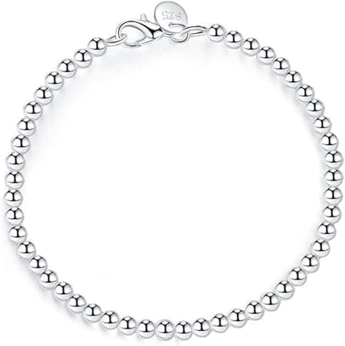 Image of Ladies Silver Bracelet,Charm Lady 925 Sterling Silver Retro Bracelet Fashion 4Mm Round Bead Jewelry Personality Silver Bracelet Elegant Atmosphere Comfortable Simple Casual Christmas Engagement Bir