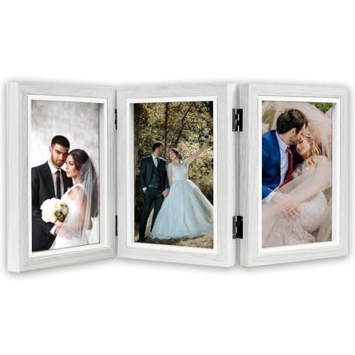 Image of Trifold Photo Frame, 6x4 inches 3 Photos Collage Frame Hinged Triple Foldable Frames with Acrylic Plate for Wedding Family Tabletop Desk Display (white)