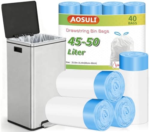 Image of AOSULI Strong Bin Bags Drawstring 45-50L Heavy Duty White Bin Liner, 40 Pack Tall Kitchen Trash Bags with Tie Handles, Tear-Resistant, Ideal for Kitchen & Household Use