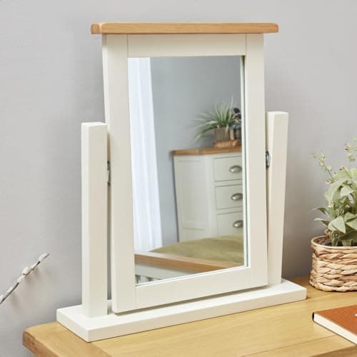 Image of Cotswold Cream Painted Vanity Mirror with Oak Top - Premium Quality Cream Painted Mirror - Natural Oak Top with Satin Lacquer - Adjustable Angle - H 585mm x W 530mm x D 60mm