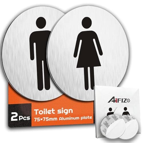 Image of AIFIZO Toilet Door Sign, Men‘s and Women‘s Toilet Sign Set of 2, Brushed Aluminium, Self-Adhesive No Drill WC Bathroom Signs for Office Restaurant Home, Easy Install with Strong Adhesive Tape (75mm)