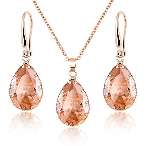 Image of Linawe Citrine Crystal Jewellery Sets for Women Rose Gold, Imitation Diamond Pendant Necklace Set, Yellow Rhinestone Drop Dangle Earrings Set, Birthstone Cubic Zirconia Matching Wedding Jewellery