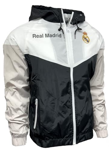 Image of Real Madrid Windbreaker Jacket, Licensed Real M. Lightweight Waterproof Hooded Rain Jacket, Black, XXL