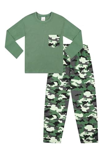 Image of Boys Camouflage 100% Cotton Long Green Pyjama Set (11-12 Years)