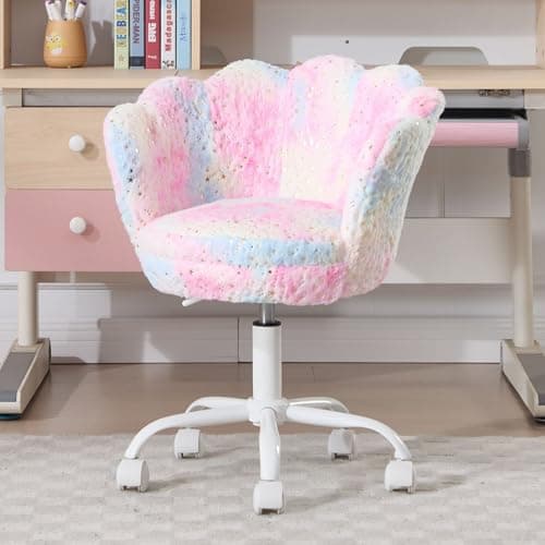 Image of chairus Children's Swivel Desk Chair Height-Adjustable Faux Fur Upholstered Study Chair for Study Room/Bedroom, Colorful Pink