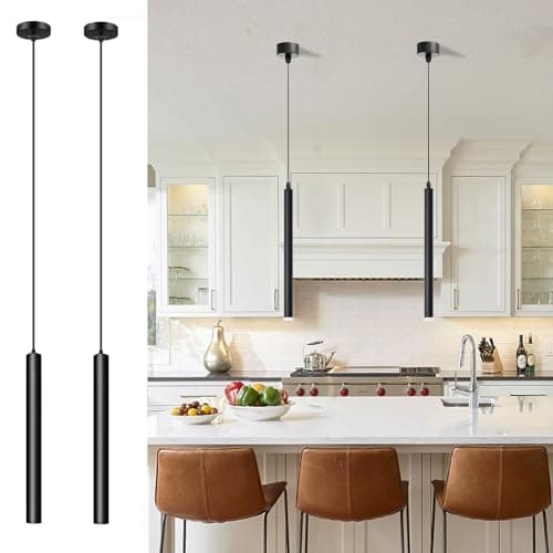 Image of ACMHNC 2 Pack Modern Black Pendant Light, LED Kitchen Island Lights, 5W Hanging Bedside Lights, 3000k, 190cm Height Adjustable, 30cm Long Tube Chandelier for Bedroom Shop Bar Counter