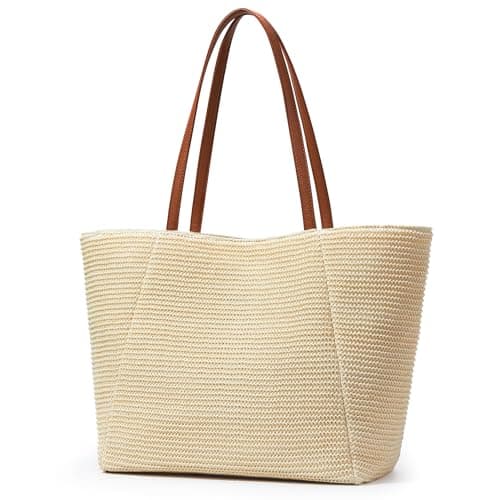 Image of KALIDI Large Straw Bag, Beach Bag with zip, Marine Recycled Plastic, Straw Like Design, Tote Bag for Summer Holidays and Everyday Use (Beige (with brown handle))