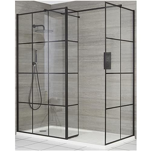 Image of Milano Barq Black Grid Corner Shower Enclosure Hinged Return Drying Tray - 1700mm x 900mm