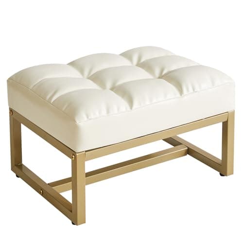 Image of Aibiju Small Footstool Ottoman, Rectangle Faux Leather Footstool with Gold Metal Frame, Change Shoes Stool for Living Room, Bedroom, Entryway Office, White YD-JD139W