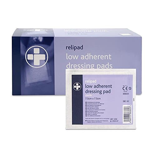 Image of Reliance Medical Relipad First Aid Sterile Dressing - Low-Adherent, Absorbent Dressing Pads For Minor Abrasions, Lacerations And Wounds, 7.5 cm x 7.5 cm, Pack of 100