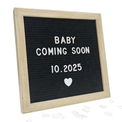 Image of Black Felt Letter Board 25x25cm with 336 Letters – Pregnancy & Baby Announcement Board – Changeable Felt Letter Board with Stand and Wooden Frame