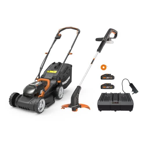 Image of Worx WG927E 40V Cordless Lawnmower & Trimmer Twin Pack – 34cm Mower & 20V Grass Trimmer – Ideal for Medium Gardens (230㎡) Includes 2x 2.0Ah Batteries & Charger – PowerShare Compatible