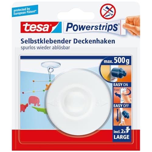 Image of tesa Powerstrips Ceiling Hook - Adhesive for Ceiling Decorations and Hanging Fixtures - Plastic in White with tesa Powerstrips Large, Holds up to 500 g