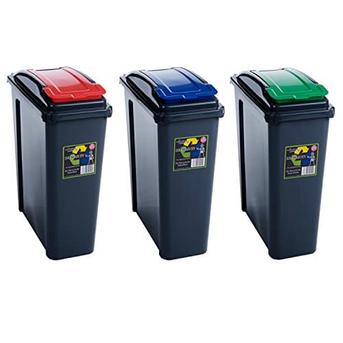 Image of Wham 3x 25L Plastic Recycling Waste Bins. Red/Blue/Green, Slimline, Durable, Made in the UK