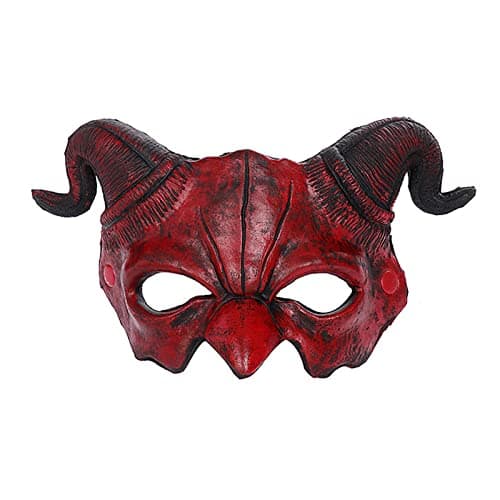 Image of Faxianther Scary Red Devil Mask with Ram Horns, Men Women Horror Demon Evil Cosplay Halloween Mardi Gras Animal Goat Buffalo Costume Half Face Mask Party Spook House Decoration Prop Supplies
