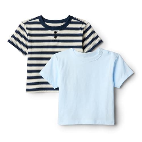 Image of Amazon Essentials x Sofia Grainge Baby Boys' Cotton Short-Sleeve Crewneck T-Shirts, Pack of 2, Light Blue/Stripes, 18 Months