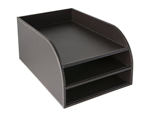 Image of OSCO Brown Faux Leather Three Tier Letter Tray, A4 Desk File Organiser, Paper Storage, Office Document Sorter, Paperwork Filing, Desktop Storage, No Assembly, Home Office, H17.5 x W25 x D37.5 cm