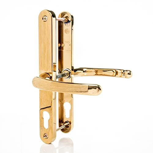 Image of UPVC Door Handles Set Suits Fullex Locks - Polished Brass - Lever/Lever - 68mm PZ (Centres) - 215mm Screw to Screw - Backplate 245mm X 32mm - UPVC Door Handle - Brass Replacement PVC Door Handle