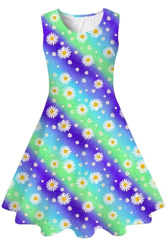 Image of Belovecol Girls Dresses Summer Sleeveless Casual Daisy Printed Sundress Party Swing Dresses for Kids 6-7 Years