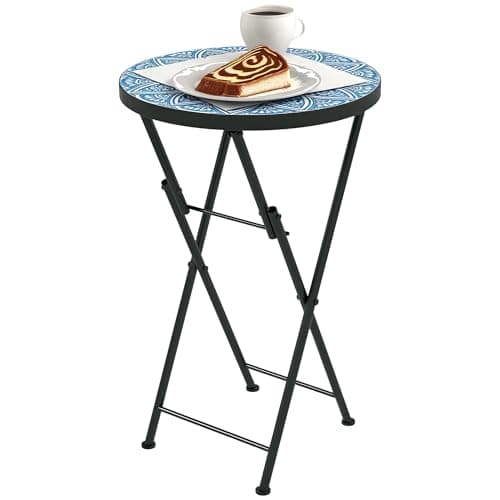 Image of Outsunny Mosaic Outdoor Garden Table, 35.5cm Round Folding Coffee Table with Metal Frame for Balcony Terrace, Blue